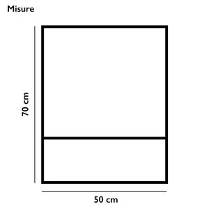 Puede incluir: Un espejo rectangular con marco negro y un divisor horizontal, que mide 70 cm de alto y 50 cm de ancho.