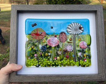 Handmade Fused Glass Flowerscapes in Wood Frame - Nature