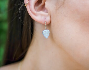 Blue Glass Leaf Wire Wrap Dangle Sterling Silver, Gold Fill or Rose Gold Fill Earrings