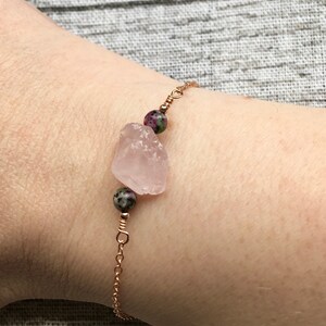 Raw rose quartz, ruby zoisite and zircon gemstone bead wire wrapped cable chain gold fill, rose gold fill and sterling silver bracelet image 3