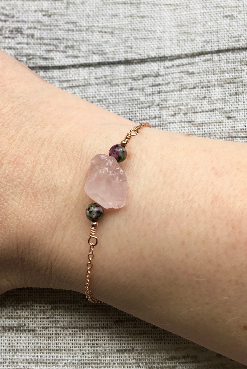 Raw rose quartz, ruby zoisite and zircon gemstone bead wire wrapped cable chain gold fill, rose gold fill and sterling silver bracelet image 3