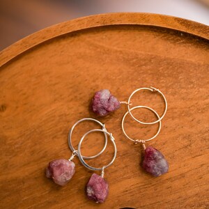 Raw pink tourmaline nugget hoop sterling silver, gold fill or rose gold fill wire wrapped hoop earring image 4