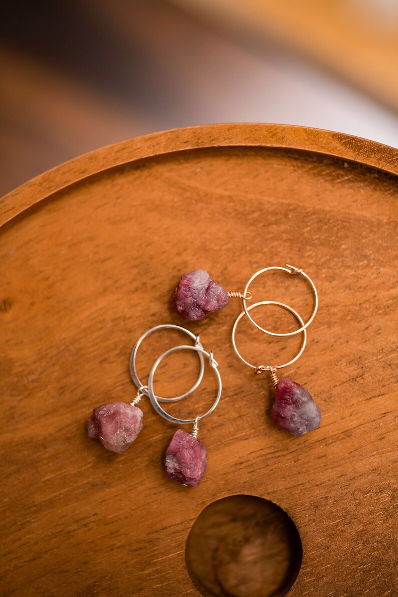 Raw pink tourmaline nugget hoop sterling silver, gold fill or rose gold fill wire wrapped hoop earring image 4