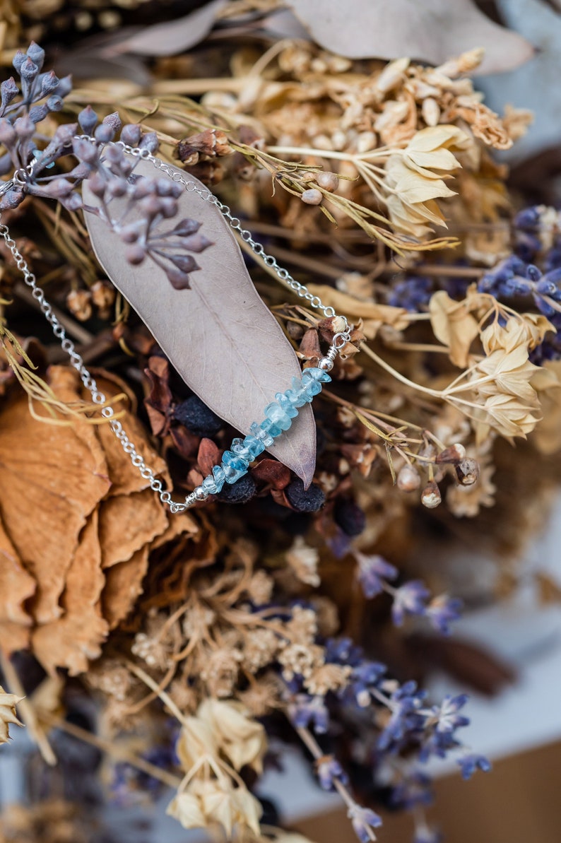 Dainty aquamarine chip gemstone sterling silver, gold fill or rose gold fill cable chain bracelet image 1