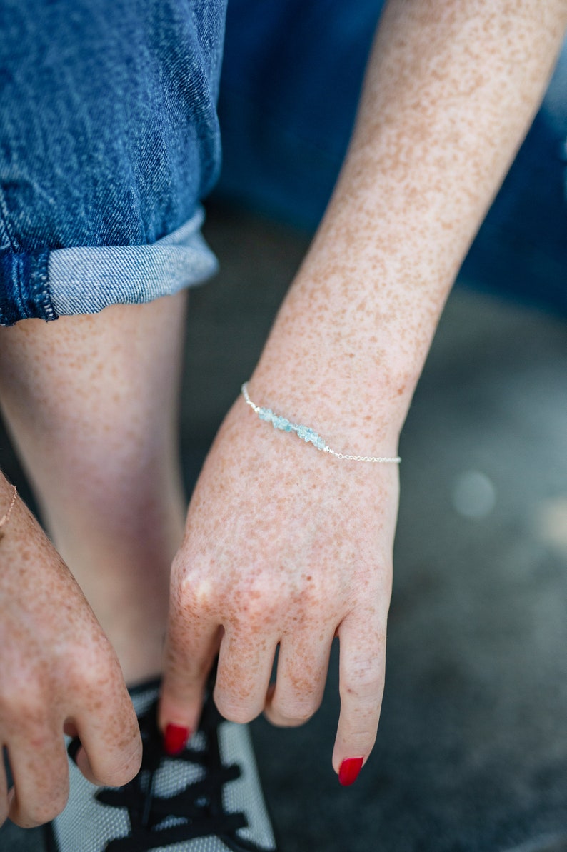 Dainty aquamarine chip gemstone sterling silver, gold fill or rose gold fill cable chain bracelet image 2