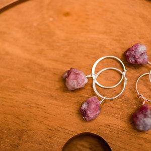 Raw pink tourmaline nugget hoop sterling silver, gold fill or rose gold fill wire wrapped hoop earring image 3