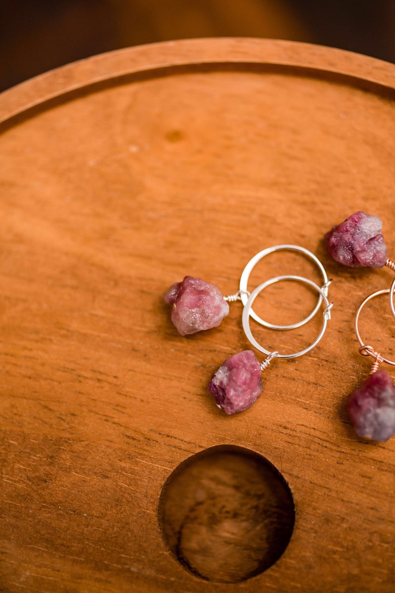 Raw pink tourmaline nugget hoop sterling silver, gold fill or rose gold fill wire wrapped hoop earring image 3