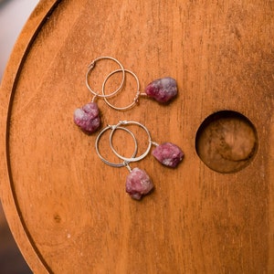 Raw pink tourmaline nugget hoop sterling silver, gold fill or rose gold fill wire wrapped hoop earring image 2