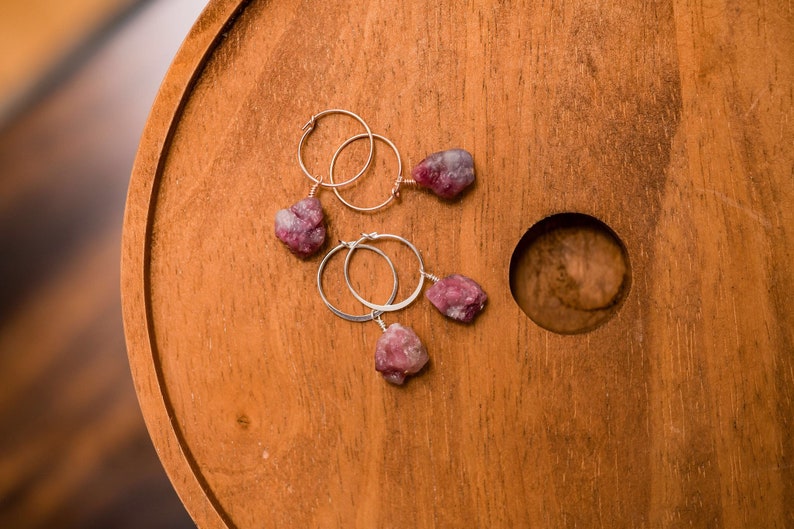 Raw pink tourmaline nugget hoop sterling silver, gold fill or rose gold fill wire wrapped hoop earring image 2