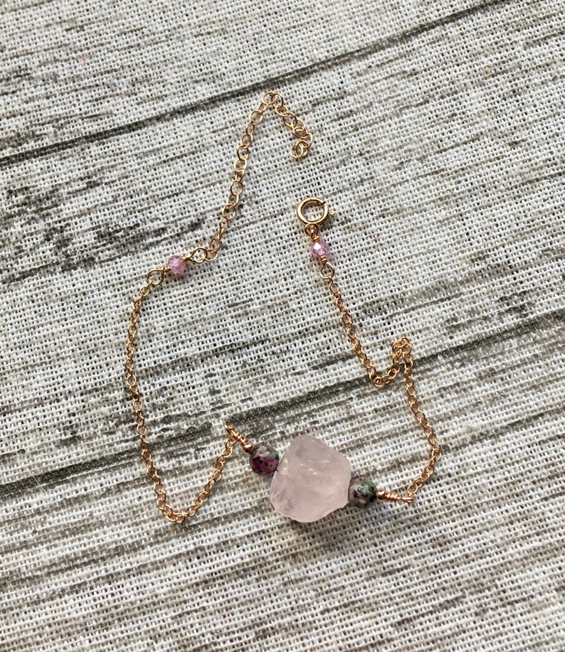 Raw rose quartz, ruby zoisite and zircon gemstone bead wire wrapped cable chain gold fill, rose gold fill and sterling silver bracelet image 4