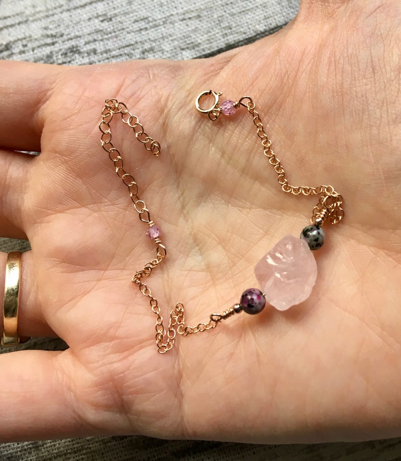 Raw rose quartz, ruby zoisite and zircon gemstone bead wire wrapped cable chain gold fill, rose gold fill and sterling silver bracelet image 2