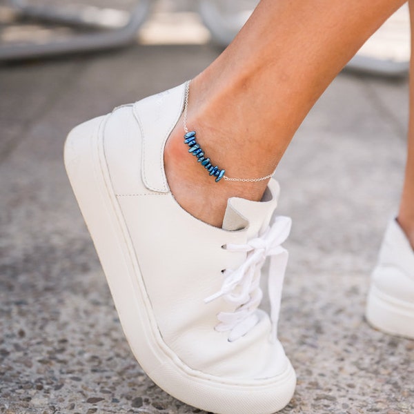Bracelet de cheville en argent sterling avec hématite bleue ou péridot brut, rempli d'or ou rempli d'or rose