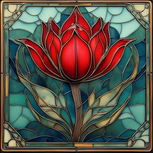 Carrelage Art nouveau lotus rouge - art mural floral en vitrail vintage - décoration botanique imprimable bleu sarcelle pour la maison