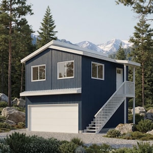 May include: A two-storey, navy blue cabin with a white garage door and stairs. The cabin has white trim, windows, and a porch. The background features trees, rocks, and mountains.