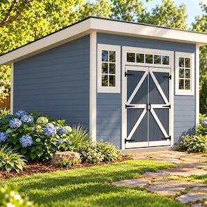 May include: A blue outdoor storage shed with white trim, featuring double doors with a white X-pattern, a transom window above the doors, and two vertical side windows. The shed has a slanted roof and is set in a garden with blue hydrangeas.
