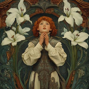 Jugendstil Kind mit Lilien Fliesen, Botanische Keramik Wandkunst, Jugendstil Dekor, Jugendstil Fliesen Quadrat, Dekorative Fliesen für Küche und Bad