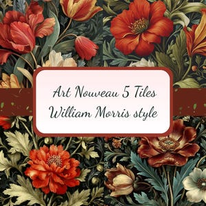 Ensemble de carreaux floraux inspirés de William Morris - Art botanique vibrant, motif floral vintage, papier numérique imprimable pour la décoration intérieure