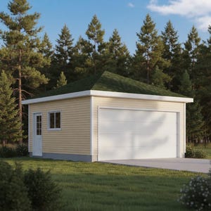 Pode incluir: Uma garagem amarelo claro com uma porta de garagem branca, uma pequena porta branca e uma janela. O telhado é verde e o edifício é rodeado por árvores e relva. A garagem tem uma entrada de betão.
