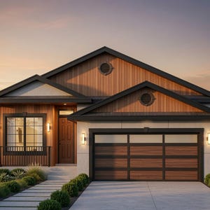 May include: A single-story house with a brown wood-paneled gable roof, light-colored stucco walls, and a dark-framed garage door. The exterior features a front porch with a black railing, a brown front door, and wall-mounted lighting fixtures.