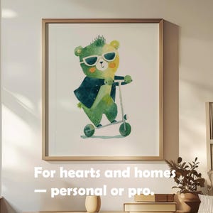 Green Bear Scooter Nursery Wall Art Kids Room Decor Watercolor Animal Print Digital Download