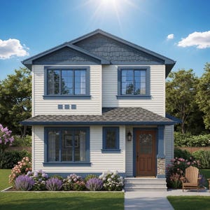 Può includere: Casa a due piani con rivestimento bianco, finiture blu e tetto grigio scuro. La casa ha più finestre, una porta d'ingresso in legno e un piccolo portico. Paesaggio con arbusti e fiori.