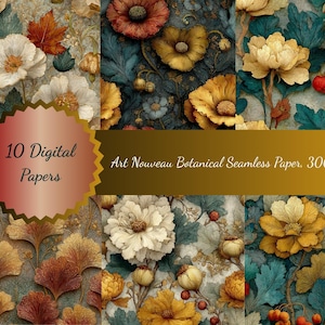 Papier numérique botanique d'automne - Impression florale et feuilles d'automne William Morris Art nouveau pour le scrapbooking DIY
