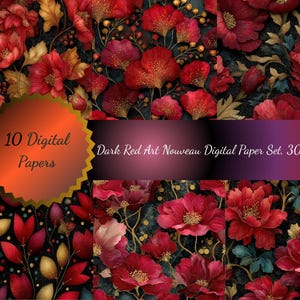 Elegantes Rotes Florales Digitales Papier Set - Jugendstil Design
