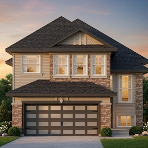 Può includere: Una casa residenziale a due piani con tetto a tegole scure, rivestimento orizzontale color marrone chiaro e una facciata in mattoni di varie tonalità. L'esterno comprende un garage per due auto con finestre rettangolari e un ingresso.