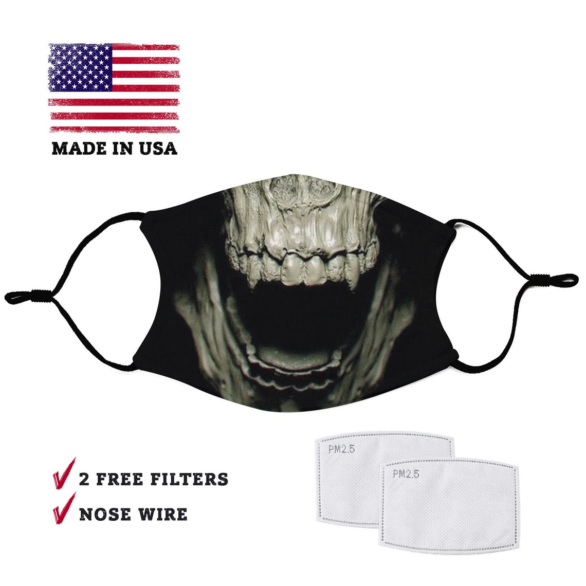 Vampire skull fangs mask Adult face mask with filter pocket Etsy