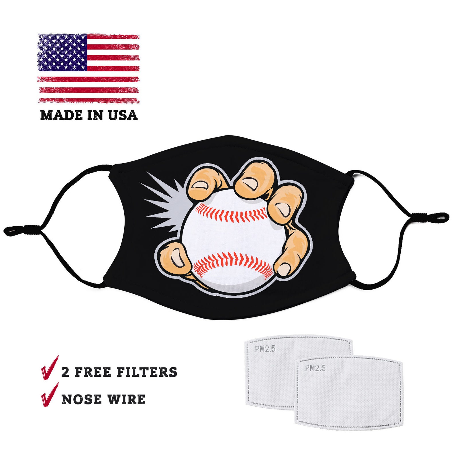 Baseball ball mask Adult face mask with filter pocket Etsy