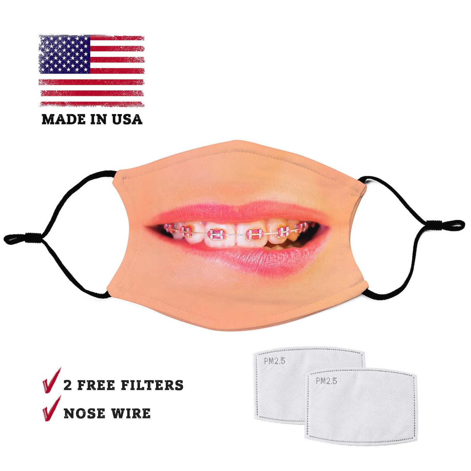 Braces face mask Adult face mask filter pocket adjustable ear Etsy