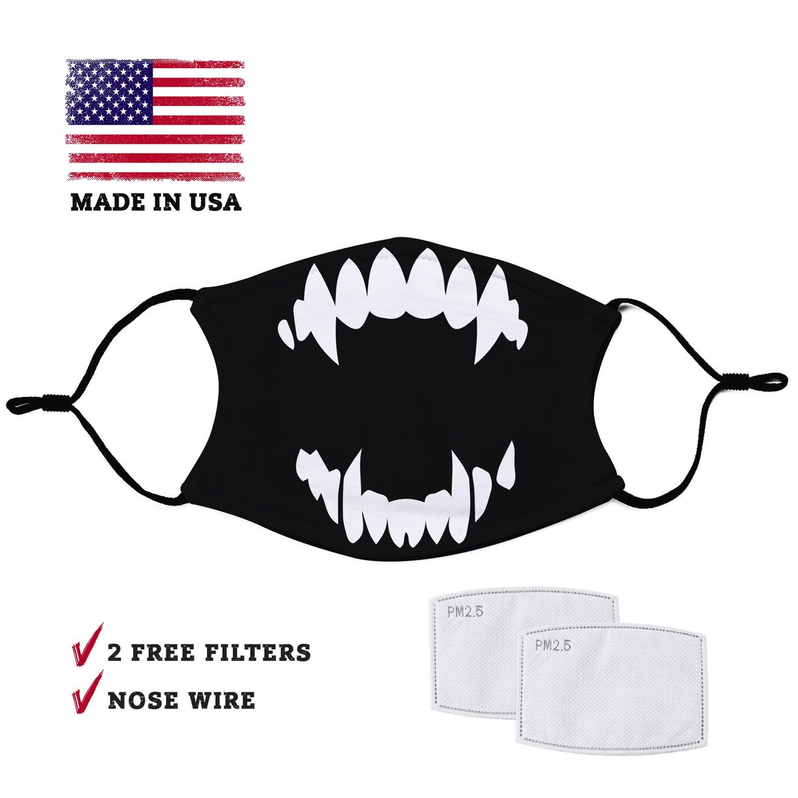Vampire Fangs Face Mask Adult Face Mask With Filter Pocket Etsy