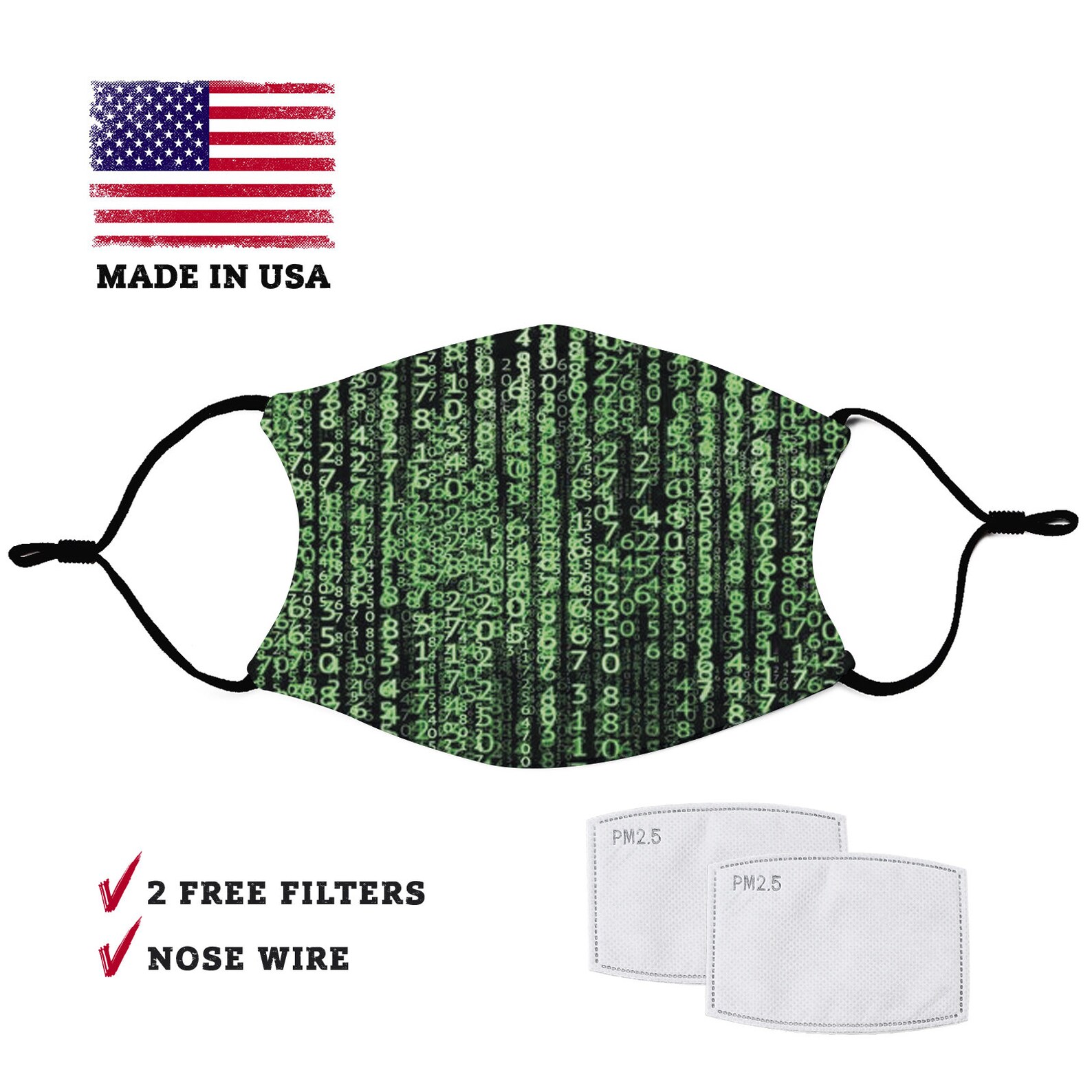 Green Matrix Code Face Mask Adult Face Mask Filter Pocket Etsy