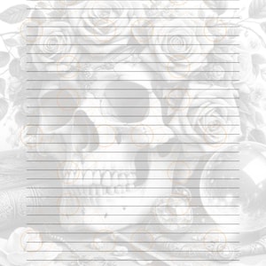 Op de afbeelding: Gelijnde journaalpagina met een schedel- en rozenontwerp. De woorden "Daily Journal" staan bovenaan. De achtergrond bevat een schedel, rozen en andere gotische elementen in grijstinten en wit.