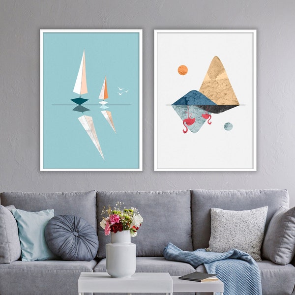 Flamingo Island Modern Scenery Print, Scandinavian Contemporary Art, Sailing Boats Ocean Adventure Art Set, Nautical Abstract Poster Set 2