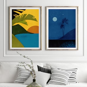 Tropical Day and Night Art Set, Sunset Nature Set, Seascape Tropical, Exotic Landscape Wall Art, Mother's Day  Gift