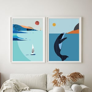 Nordic Whale Island Art, Scandi Boat Orca Print, Modern Seascape Boat, Abstract Island Set of 2, Nordic Ocean Scenery, Scandinavian Wall Art