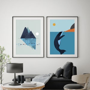 Whale Poster Contemporary Art, Little Red Fish Diptych, Orca Island Print Set 2, Nautical Wall Decor, Nordic Nature Living room decoration