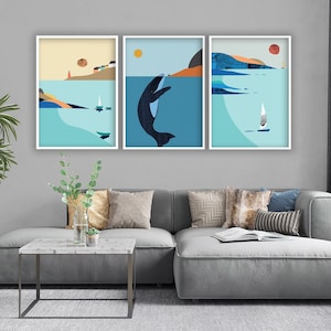 Boats Seascape Triptych, Whale Art Print, Mountain Sea Sunset Artwork, Orca Poster, Coastal Nursery Décor, Blue Ocean Panorama Modern Set