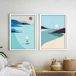 Sailboat Seascape Print, Sailing Minimalist Art, Scandinavian Modern Scenery Set, Plain Color Coastal Poster, Sailor Gift, Sea Lover Artwork