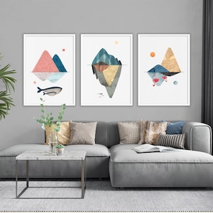 Scandinavian Wall Art, Minimalist Modern Mountain and Islands, Flamingo Poster Nursery, Nordic Ocean Whale Print Set, Nautical Home Decor