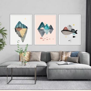 Abstract Nautical Art Modern Triptych, Whale Ocean Nursery Poster Set, Colorful Child Room Wall Décor, Island Seascape Poster, Baby Room Art