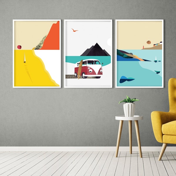 Nordic Boats Seascape Art Set, Triptyque de la côte scandinave, Camper Van Summer Adventure, Hippie VW Travel Set, Modern Minimalist Ocean Print