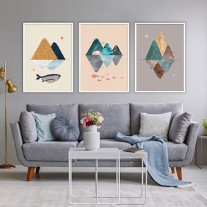 Scandinavian Colors Modern Nautical Triptych, Mountain Whale Ocean  Poster, Minimalist Island Abstract Set Prints, Nordic Colors