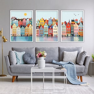 Póster de Estocolmo, conjunto de 3 casas de Gamla Stan, impresión escandinava, arte de viaje de Suecia, impresión de arquitectura, arte de Europa, decoración de regalo para viajeros