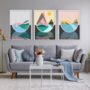 Scandinavian Style Abstract Boat Wall Art, Ocean Island Mountain Set, Nautical Scenery Poster Triptych, Geometric Abstraction, Nature Prints