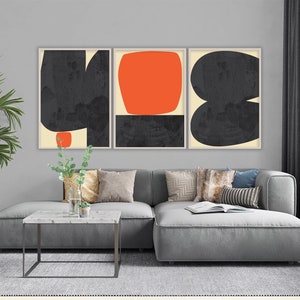 Black and Orange Abstract Prints Art Set of 3, Contemporary collage, Modern Large Poster, Mid Century Abstraction, Modernist Retro Art