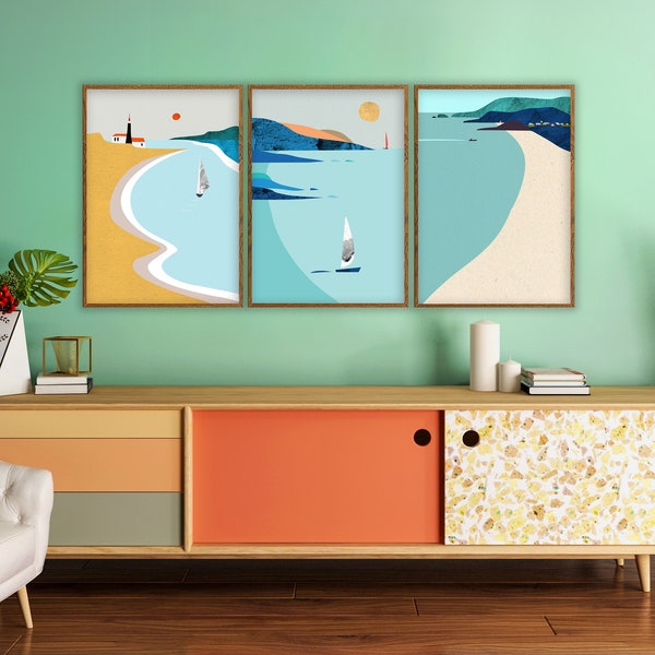 Impression d'art minimaliste de voiliers, ensemble d'art contemporain phare de paysage marin, art mural nautique, affiche triptyque soleil levant et plage