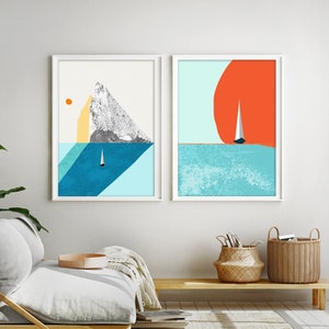 Sailing Boat Art Prints, Sailboat Print Set of 2, Ocean poster diptych,  Yacht Wall Art, Sailing Lover Gift, Paper and Canvas Wall Decor