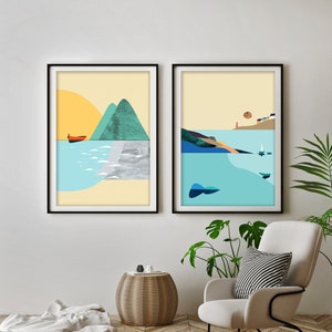 Nautical Seascape Art Print Set, Nordic Boat Minimalist, Scandinavian Seaside Wall Art, Modern Scenery Art Set, Colorful Landscape Poster